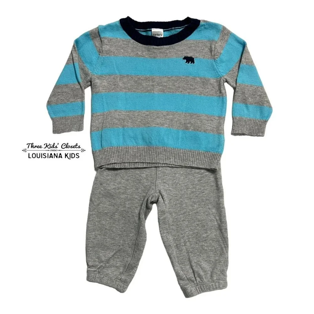 Carter's 6m Grey & Blue Striped Sweater & Pants Set